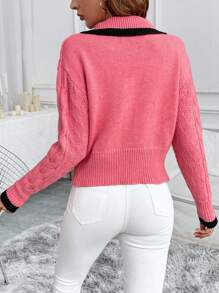 SHEIN LUNE Women Contrast Trim Front Button Long Sleeve Knitted Cardigan