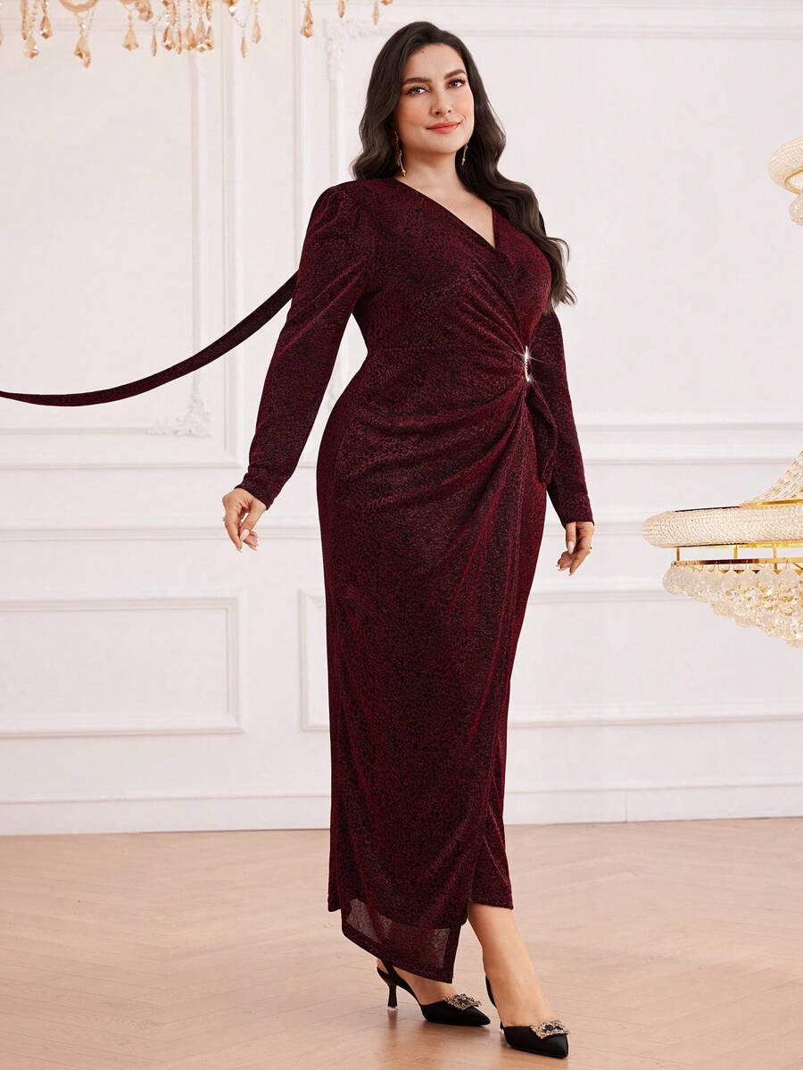 Modelyn Burgundy Red Plus Size Women V-Neck Long Sleeve Glitter Pleated Maxi Elegant Dress - Burgundy - View 1