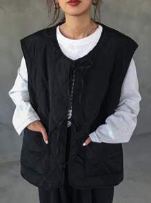 FRIFUL Solid Tie Front Quilted Vest Coat Jacket - Black - View 1
