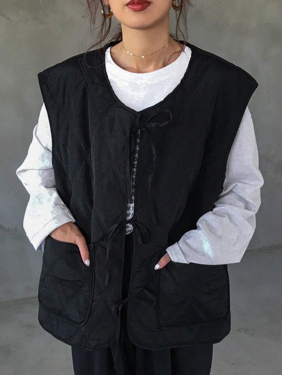 FRIFUL Solid Tie Front Quilted Vest Coat Jacket - Black - View 1