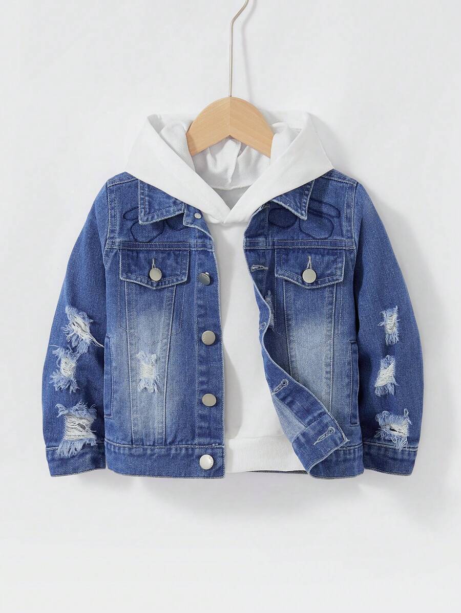YOUNG BOYS Casual Embroidered Loose Distressed Washed Denim Jacket - Medium Wash - View 1