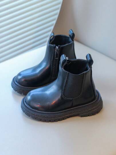 Children Boots Autumn Winter New British Style Flat Ankle Boots For Boys And Girls, Padded Leather Boots With Zipper For Toddlers