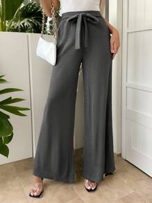 SHEIN Essnce Women's Casual Elastic Waist Bow Gray Waffle Knit Wide Leg Pants