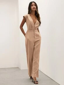 COSMINA Bộ đồ liền thân tối giản cổ chữ V màu trơn dành cho nữ, mặc thường ngày - Màu Khaki - Xem 5