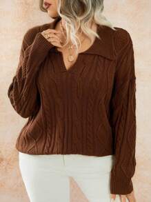 Calvaya Plus Size Casual Solid Color Dropped Shoulder Loose Knitted Sweater, Autumn & Winter Fall - Brown - View 8