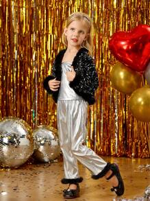 SHEIN 4 件套年轻女孩时尚优雅闪光毛绒保暖柔软贝雷帽，适合派对、节日、圣诞节、新年、生日活动、日常穿着 - 彩色 - 查看 11