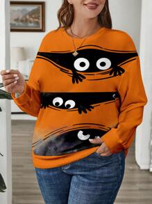 SHEIN LUNE Halloween Plus Size Women's Ghost Spider Orange Round Neck Loose Warm Sweater Pullover Suitable For Autumn And Winter
