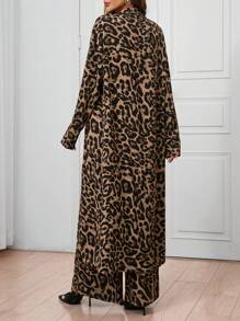 SHEIN Clasi 2pcs Women Leopard Print Long Shirt And Pants Set, Autumn
