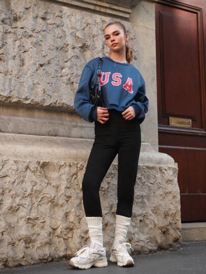 SHEIN Explorewe 2pcs Teenager Girls Casual USA Graphic Sweatshirt And Bike Pants Set