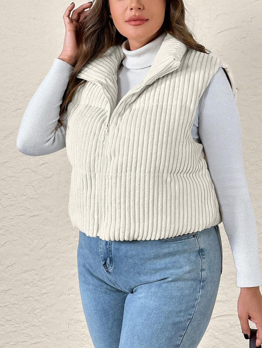SHEIN Privé Plus Size Women's Casual Comfortable Zipper Contrast Color Sleeveless High Neck Winter Padded Coat - Apricot - View 1