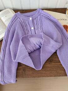 SHEIN Teen Girls Cable Knit Solid Color Round Neck Long Sleeve Cardigan Sweater - Purple - View 4