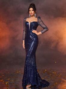 Glamrae Elegante y lujoso vestido de noche de cola de sirena con mangas largas transparentes y cuello en V con lentejuelas en azul marino, para boda, fiesta, festival, baile de graduación, evento formal y cena (con decoración resistente), vestido de gala, para invitados de boda - Azul - Ver 6