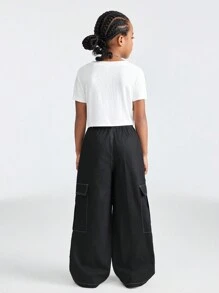 SHEIN Sportliches Crop Top und Utility Hose Set in loser Passform für Tween Mädchen, 2 Stück - Schwarz und Weiss - Übersicht 2
