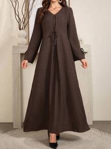 Al Najma 女士优雅宽松舒适蝴蝶结竹结亚麻长裙女装 - 咖啡 - 查看 1