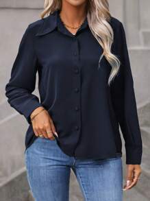 Vionelle Camisa informal con botones de talla grande, blusa sencilla de manga larga - Azul Marino - Ver 6