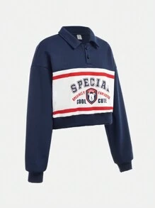 SHEIN 2pcs/Set Teenage Girls Casual Collegiate Letter Printed Drop Shoulder Polo Shirt And Sweatpants Outfit - Royal Blue - View 5