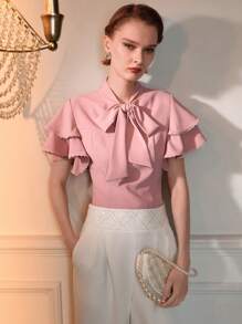 The Great Gatsby x MOTF Blouse à manches courtes superposées avec nœud devant