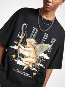 Manfinity NXTstreet Camiseta de manga corta y cuello redondo holgada con estampado de ángel, adecuada para el verano - Negro - Ver 3