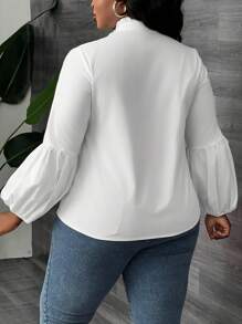 Slaydiva Versatile & Commute & Date & Party Solid White Stand Collar Long Sleeve Puff Cuff Blouse For Plus Size Women, Spring & Fall - White - View 2