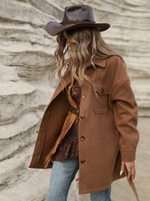 EMERY ROSE Women 1pc Autumn Casual Solid Color Shirt-Style Overcoat With Belt, Fall Clothes - Coffee Brown - View 6
