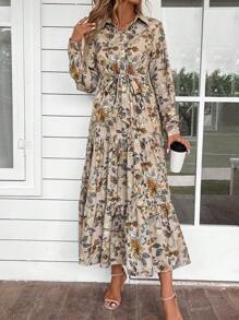 EMERY ROSE 女士花卉印花长袖荷叶边下摆连衣裙，节日 - 彩色 - 查看 4