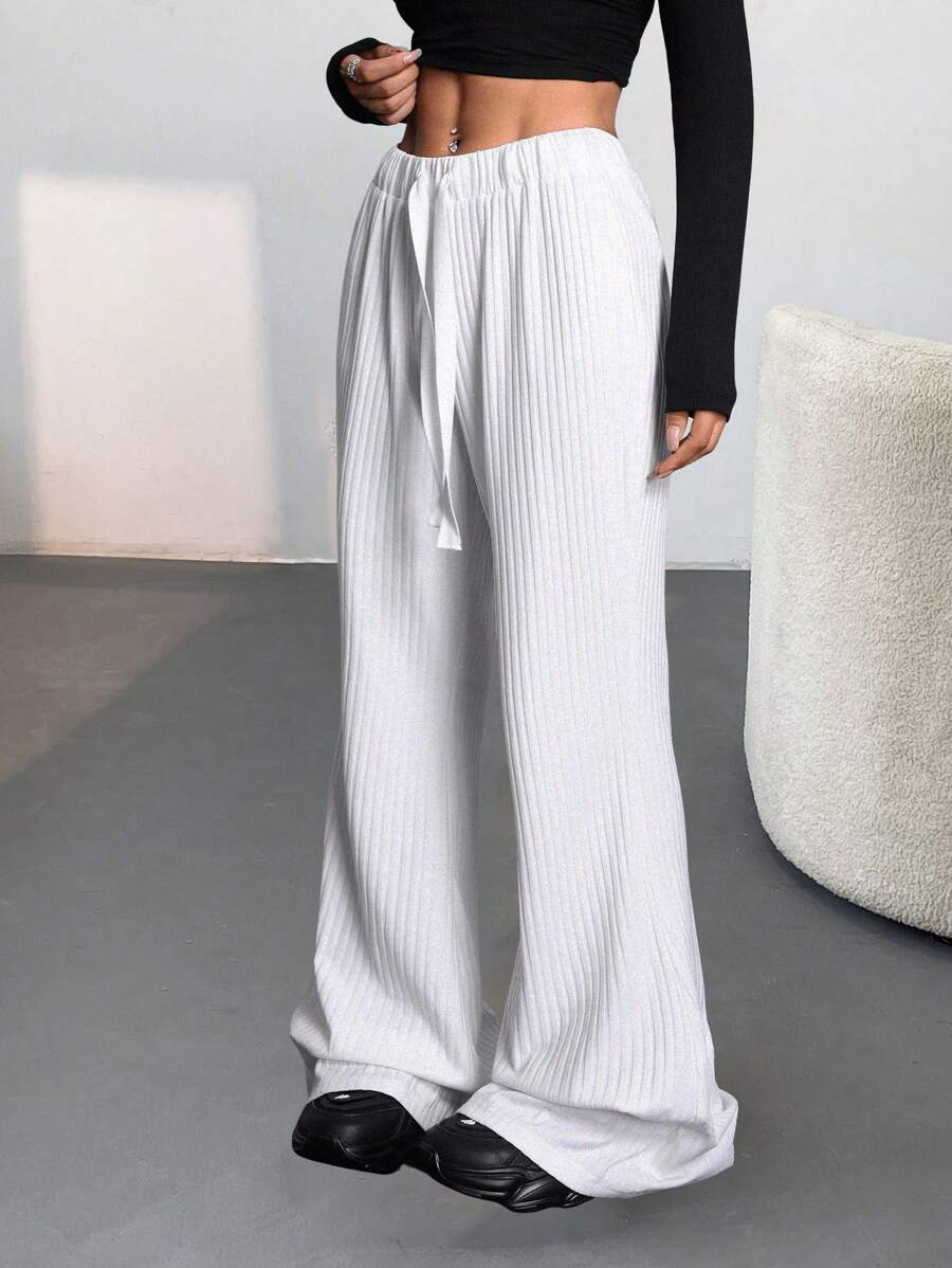 SHEIN EZwear 女式街头休闲复古针织罗纹针织微绒纹理舒适喇叭裤 - 白色 - 查看 1