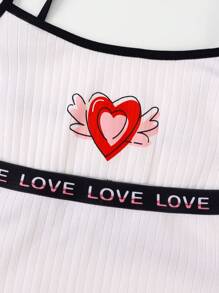 Teen Girl Simple Bow-Knot, Heartbeat, Heart Print Girl Camisole Bra Strap Lingerie Set With Printed Waistband, Waist-High Panty - Multicolor - View 3