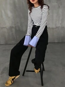 FRIFUL 女式撞色条纹修身休闲 T 恤，春秋季，返校服长袖女上衣，秋季女装 - 白色 - 查看 6