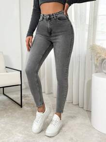 SHEIN Cottnline High Waist Snow Wash Skinny Jean - Grey - View 3