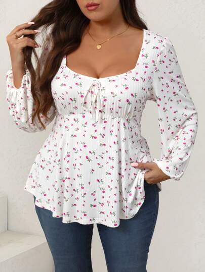 Celure Plus Size Long Sleeve Front Tie T-Shirt With All-Over Tiny Ditsy Floral, Casual Daily Wear Graphic Tees Women Tops For Spring Easter Wear Fall For Women