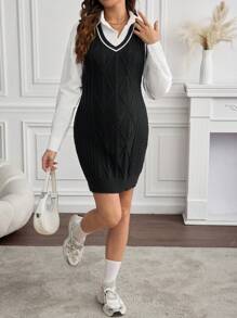 SHEIN Maternity V-Neck Striped Print Elegant Sleeveless Sweater - Black - View 5