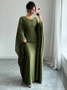 Elenzga Women's Elegant Solid Color Loose Casual Pleated Ruffle Fabric Solid Color Round Neck Batwing Sleeve Dress Maxi Women Outfit - Green - View 3