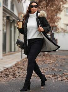 Calvaya Manteau matelassé casual à capuche à cordon de serrage en patchwork avec fausse fourrure pour femmes grandes tailles