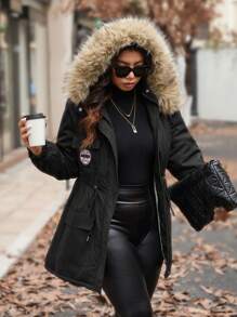 Calvaya 大码纯色前拉链长袖简约毛茸茸装饰连帽派克加厚外套，女士冬季服装 - 黑色 - 查看 1