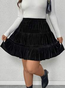 SHEIN Clasi Minifalda informal de terciopelo con dobladillo con volantes y doble capa de talla grande - Negro - Ver 8
