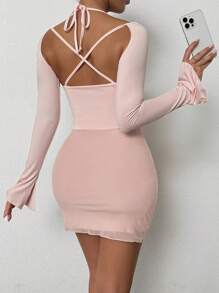 SHEIN Unity Halter Tie Open Slit Sexy Mini Dress ,Pink Mini Dress,Bodycon Dress,Pink Long Sleeve Dress - Baby Pink - View 2