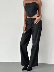 Aloruh 2 件套：时尚露肩紧身胸衣式上衣，配有交叉背带和高腰直筒裤，适合女士 - 黑色 - 查看 9