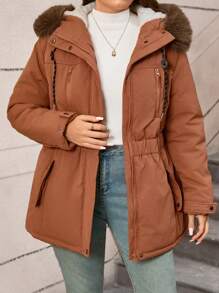 SHEIN LUNE Plus Size Damski zimowy płaszcz z kapturem i ściągaczem w pasie Patchwork Puszysty ocieplany - Brązowy mocha - Zobacz 5