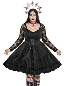 Flirla Goth Punk Plus Size Dark Punk Gothic Halloween Cosplay Dress, Patchwork Vintage Layered Lace Up Waist A-Line Dress - Black - View 1