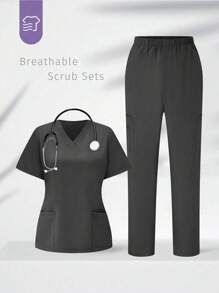 TaskEZ 2pcs Solid Color V-Neck Short Sleeve Top And Pants Casual Uniform Scrub Set - Grey - View 1