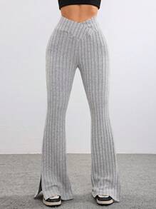 Muchica Pantalones acampanados de cintura alta con abertura, ajustados, de punto acanalado de franela, para mujer, para otoño/invierno - Gris - Ver 4