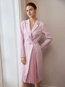 MOTF PREMIUM MIDIKLEID MIT REVERSKRAGEN, PLISSIERTEM EINSATZ, SCHNALLE UND GÜRTEL