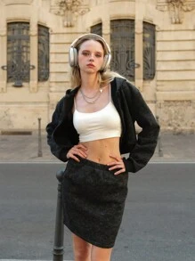 SHEIN Explorewe 2pcs/Set Teenage Girls Casual Y2K Style Jacket & Mini Skirt - Black - View 5