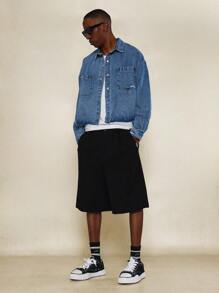 SUMWON Crop Long Sleeve Washed Raw Edge Denim Shirt With Applique At Back - Blue - View 4