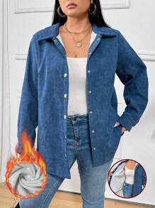 Calvaya Plus Size Women's Plain Color Long Sleeve Single-Breasted Casual Loose Jacket, Spring & Autumn - Navy Blue - View 1