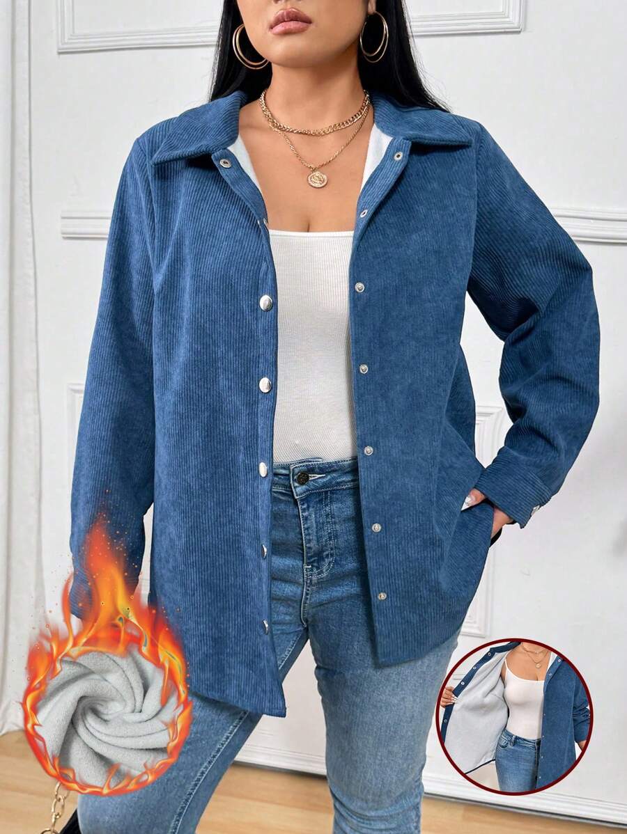 Calvaya Plus Size Women's Plain Color Long Sleeve Single-Breasted Casual Loose Jacket, Spring & Autumn - Navy Blue - View 1