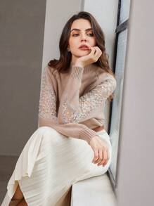 Aveloria Modichic 优雅法式串珠拼接袖休闲柔软修身女士圆领长袖毛衣，秋冬针织套头衫 - 駝色 - 查看 2