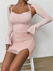SHEIN Unity Halter Tie Open Slit Sexy Mini Dress ,Pink Mini Dress,Bodycon Dress,Pink Long Sleeve Dress - Baby Pink - View 3