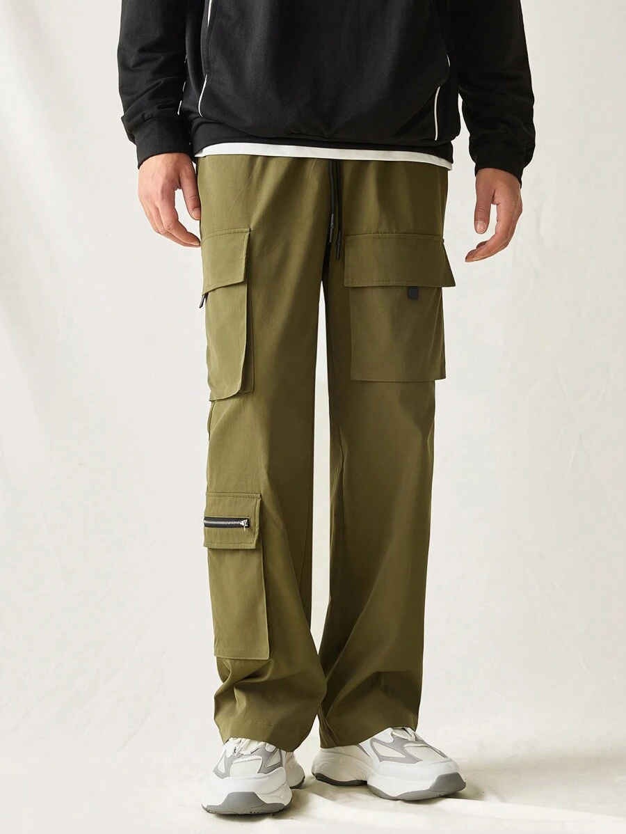 Manfinity VCAY Men Casual Loose Elastic Waist Straight-Leg Cargo Pants - Green - View 1