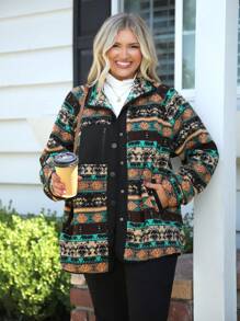 SHEIN LUNE Plus Size Fall Clothes Button-Up Full Graphic Print Fashionable Women Coats Winter Coat Fall Jackets Fall Women Clothes Plus - Multicolor - View 6